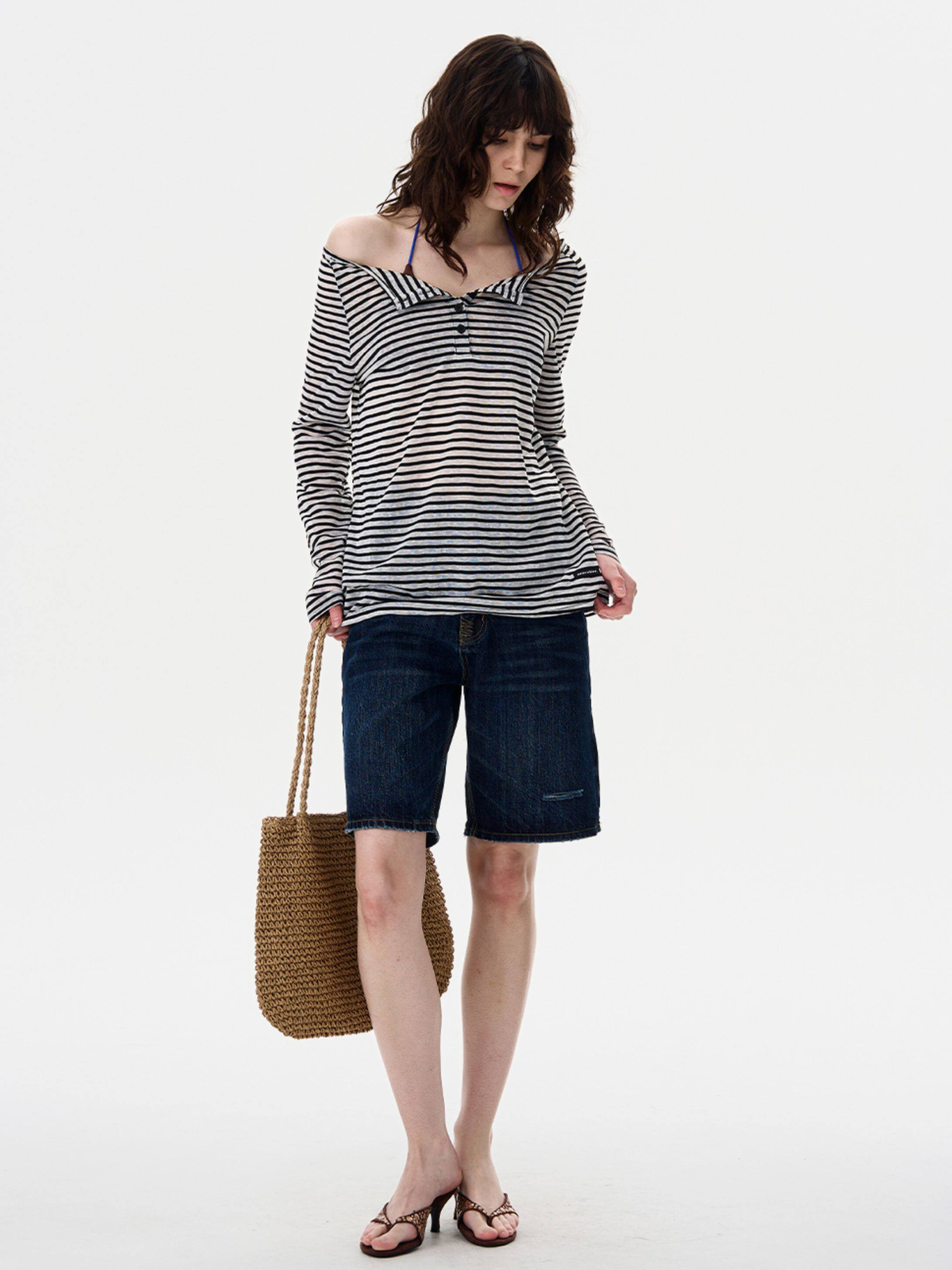 Greystorm - Women's Lightweight Striped Off-Shoulder Long Sleeve T-Shirt