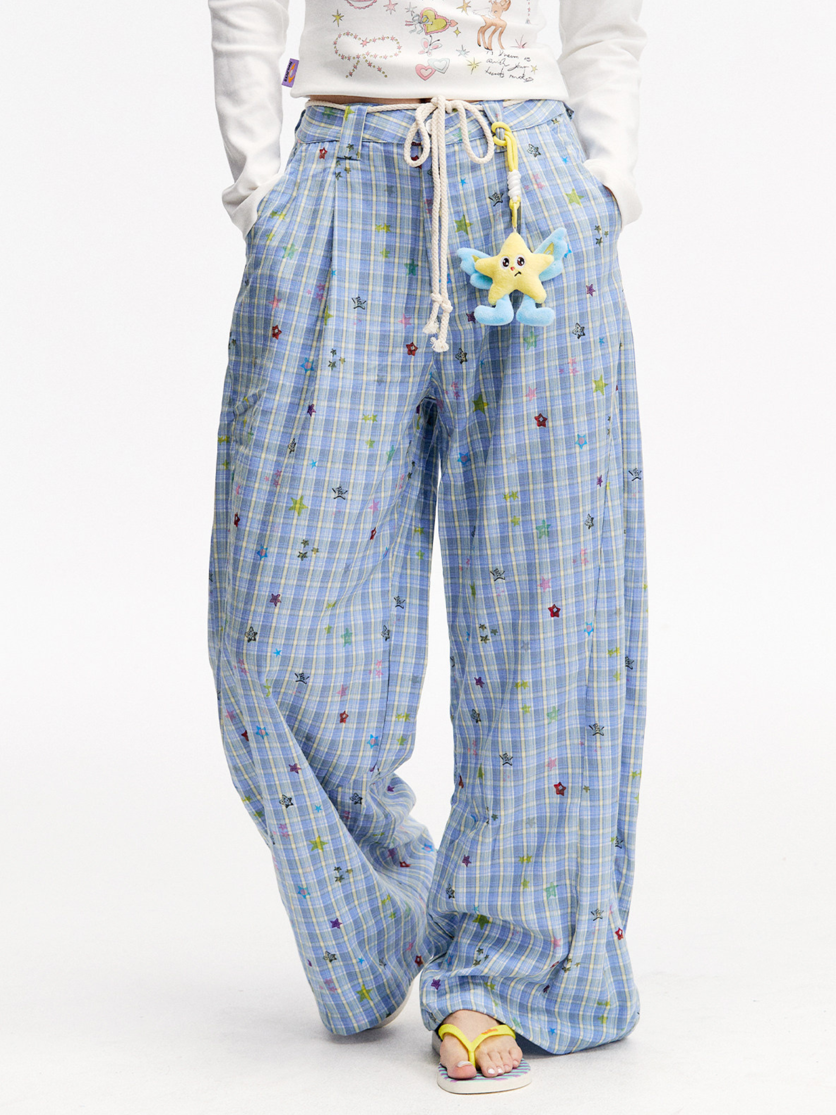 Ashlight - Women's Star Plaid Print Lightweight Drawstring Pants