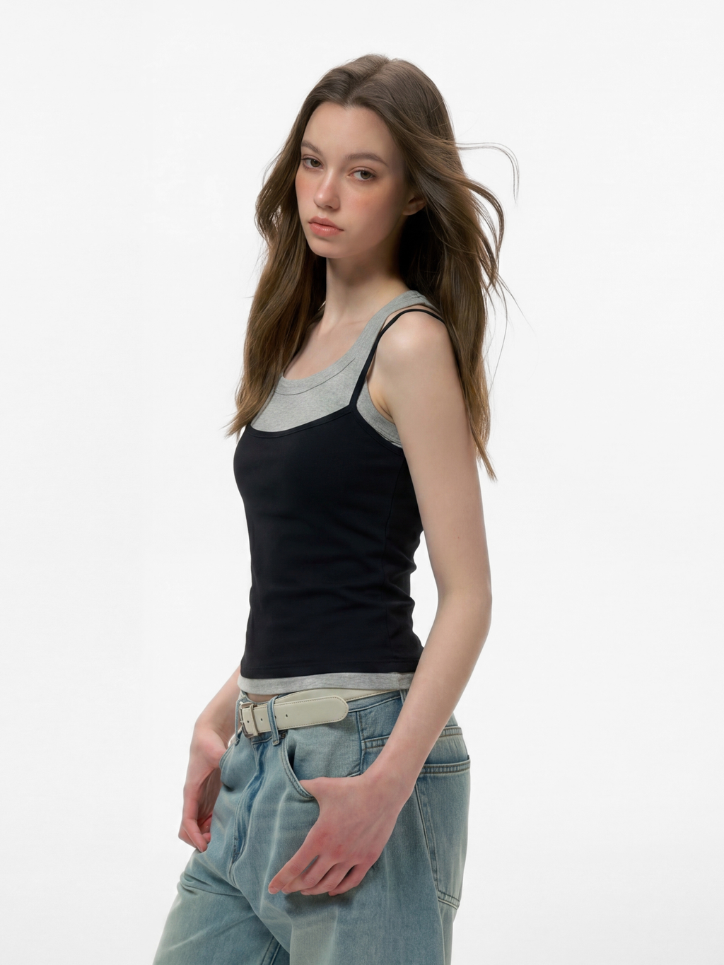 Caveveil - Women's Faux Two-Piece Ribbed Tank Top