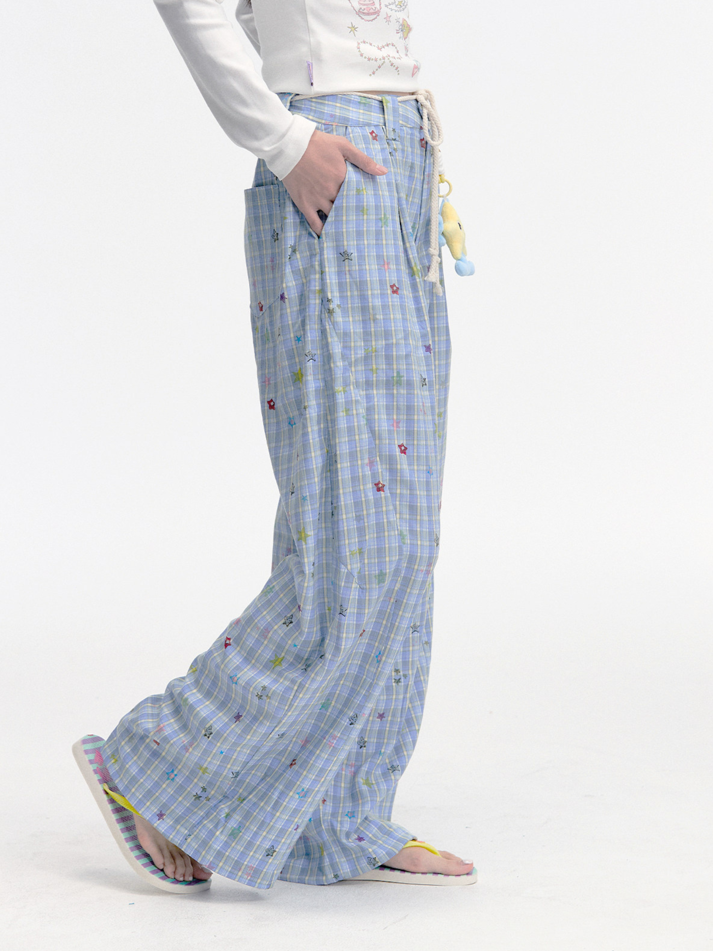 Ashlight - Women's Star Plaid Print Lightweight Drawstring Pants
