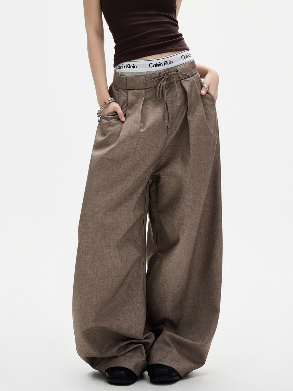 Ashshine - Women's Pleated Drawstring Waist Wide-Leg Tailored Pants