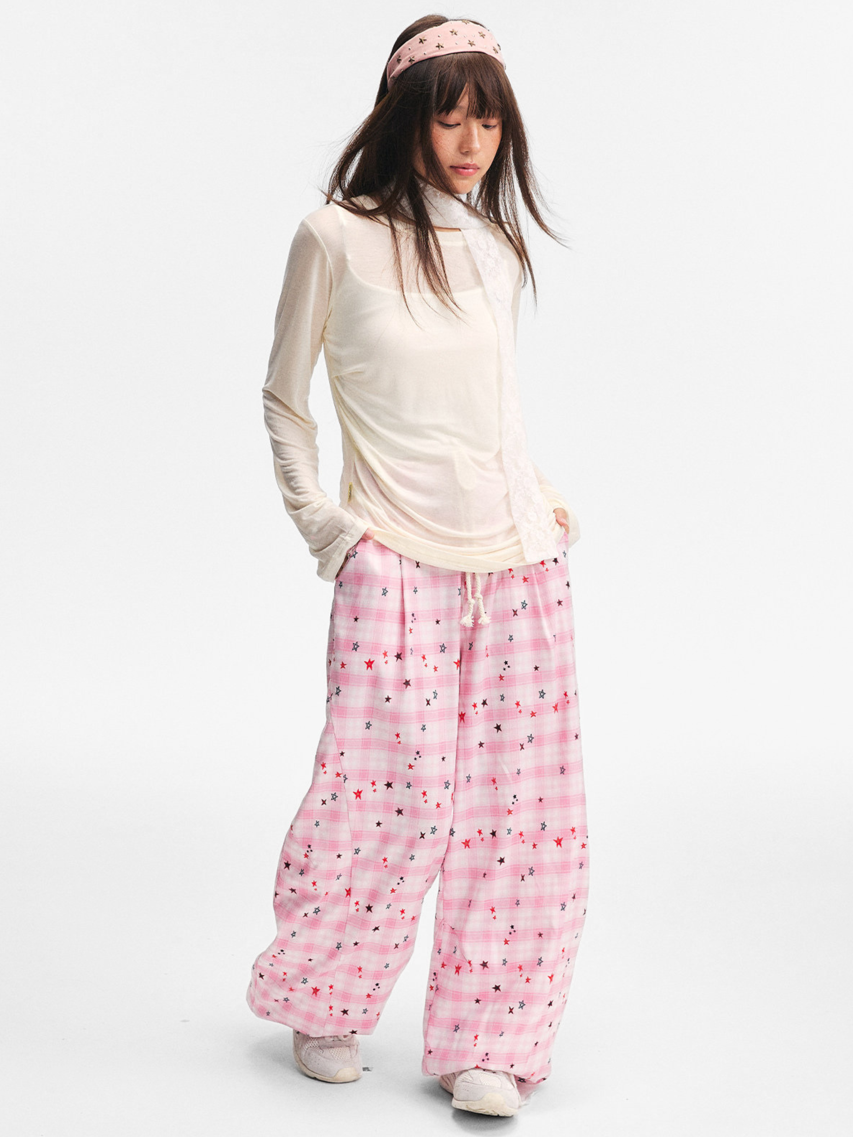 Ashlight - Women's Star Plaid Print Lightweight Drawstring Pants