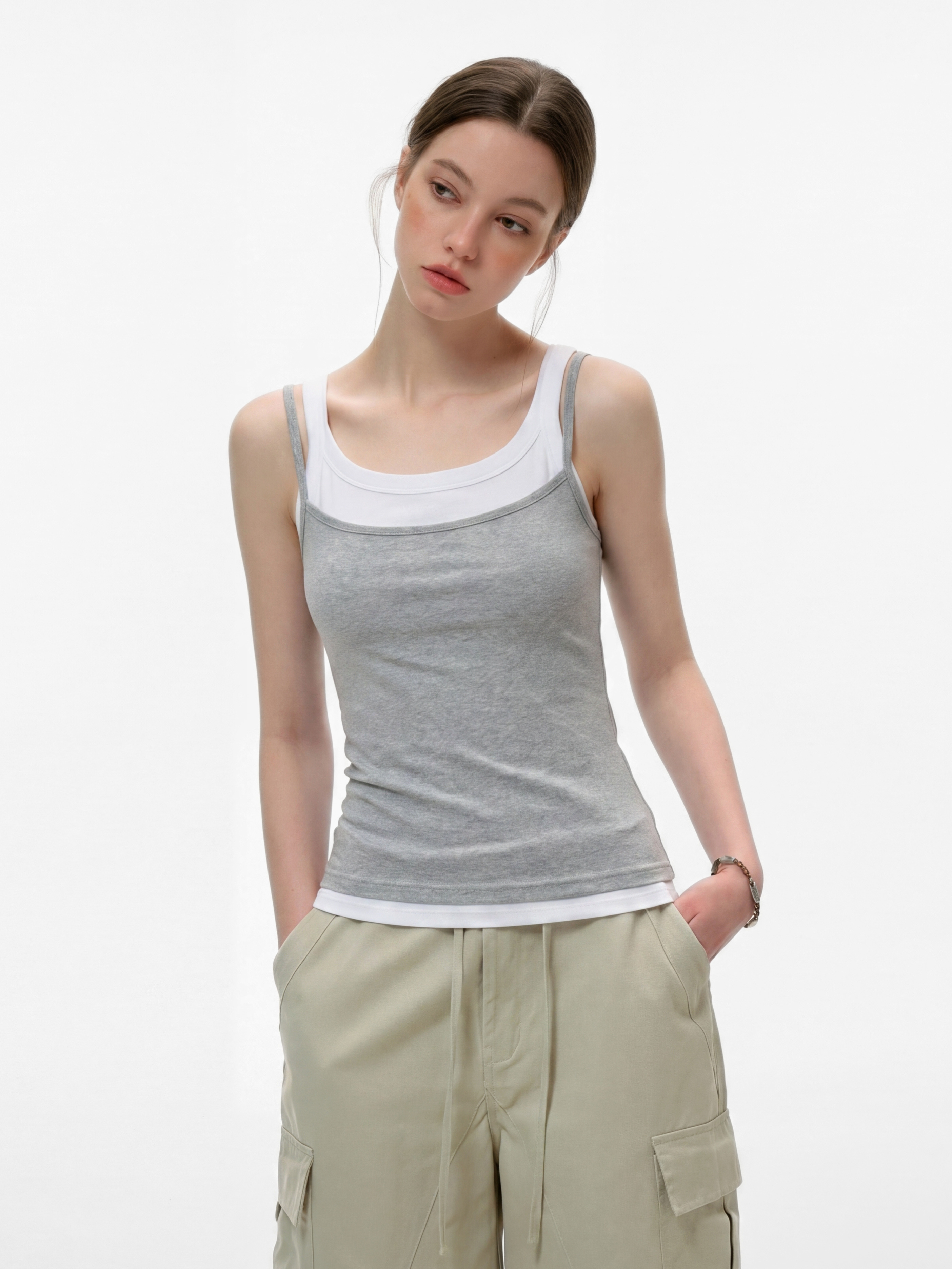 Caveveil - Women's Faux Two-Piece Ribbed Tank Top