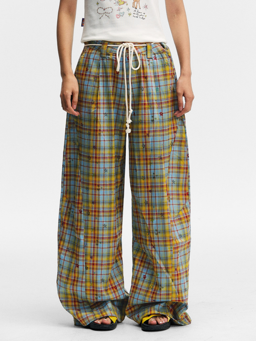 Ashlight - Women's Star Plaid Print Lightweight Drawstring Pants