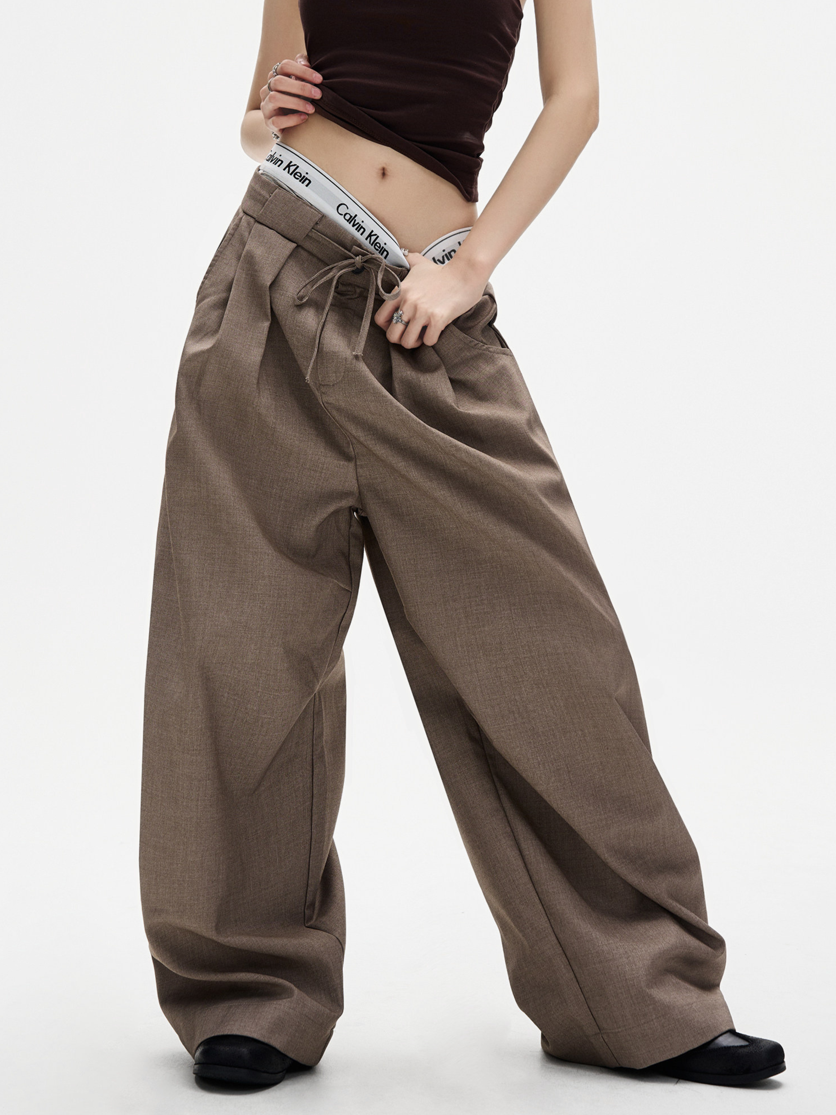 Ashshine - Women's Pleated Drawstring Waist Wide-Leg Tailored Pants