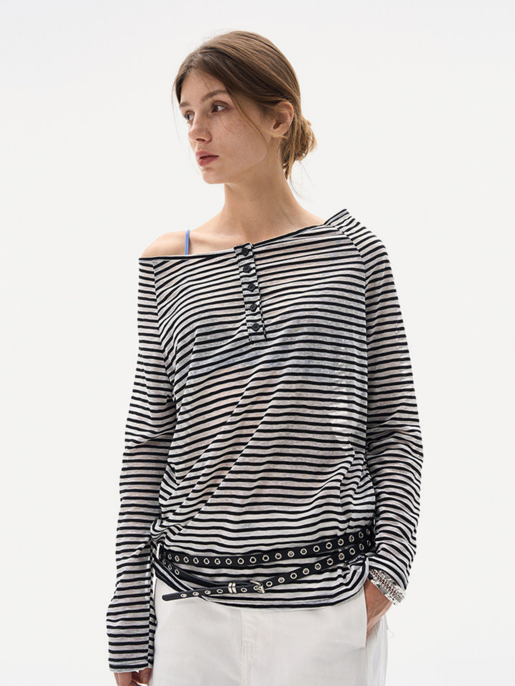 Greystorm - Women's Lightweight Striped Off-Shoulder Long Sleeve T-Shirt